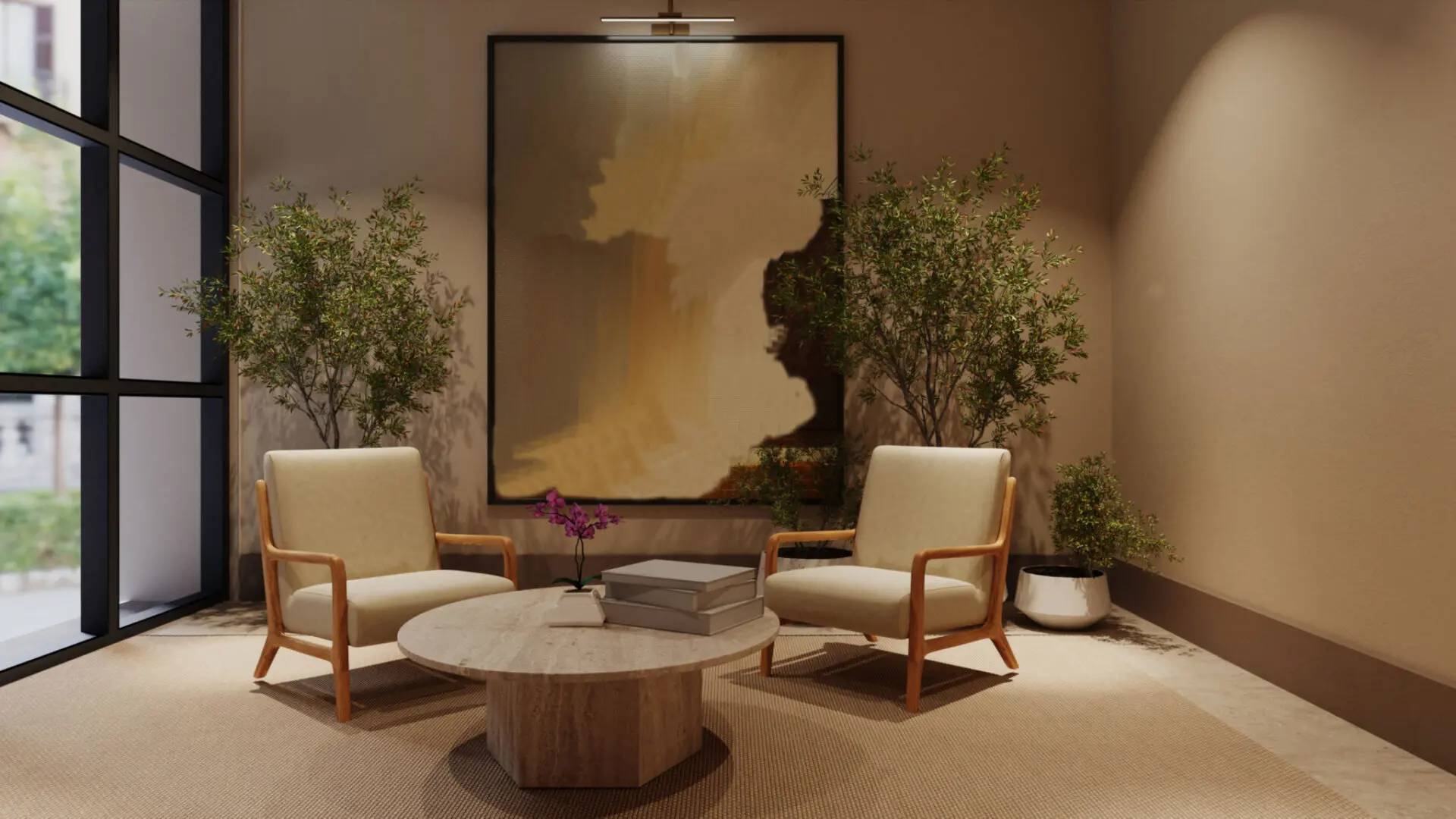 Modern lounge with chairs and abstract painting.