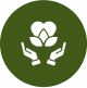 Hands holding a blooming flower symbol.